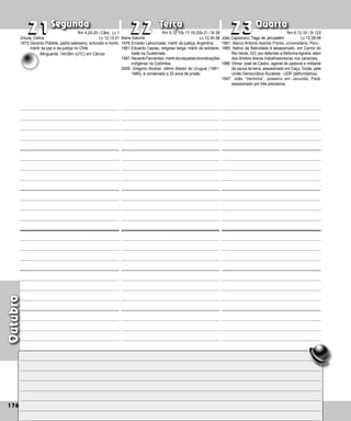 Outubro
Terça Quarta
Segunda
176
Maria Salomé
1976:Ernesto Lahourcade, mártir da justiça, Argentina.
1981:Eduardo Capiau, religioso belga, mártir da solidarie-
dade na Guatemala.
1987:NevardoFernández,mártirdalutapelasreivindicações
indígenas na Colômbia.
2009: Gregorio Alvarez, último ditador do Uruguai (1981-
1985), é condenado a 25 anos de prisão.
21
21 22
22 23
23
João Capistrano,Tiago de Jerusalém
1981: Marco Antonio Ayerbe Flores, universitário, Peru.
1985: Nativo da Natividade é assassinado, em Carmo do
Rio Verde, GO, por defender a ReformaAgrária, além
dos direitos dos/as trabalhadores/as nos canaviais.
1986: Vilmar José de Castro, agente de pastoral e militante
da causa da terra, assassinado em Caçu, Goiás, pela
União Democrática Ruralista - UDR (latifundiários).
1987: João “Ventinha”, posseiro em Jacundá, Pará,
assassinado por três pistoleiros.
Úrsula, Celina
1973:Gerardo Poblete, padre salesiano, torturado e morto,
mártir da paz e da justiça no Chile.
Rm 4,20-25 / Cânt.: Lc 1
Lc 12,13-21
Minguante: 14h39m (UTC) em Câncer
Rm 5,12.15b.17-19.20b-21 / Sl 39
Lc 12,35-38
Rm 6,12-18 / Sl 123
Lc 12,39-48
 