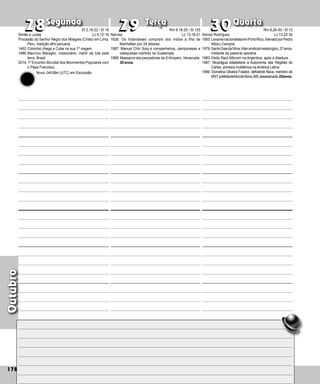 Outubro
Terça Quarta
Segunda
178
Narciso
1626: Os holandeses compram dos índios a Ilha de
Manhattan por 24 dólares.
1987: Manuel Chin Sooj e companheiros, camponeses e
catequistas mártires na Guatemala.
1989: Massacre dos pescadores de ElAmparo, Venezuela.
30 anos.
28
28 29
29 30
30
Alonso Rodríguez
1950:LevantenacionalistaemPortoRico,lideradoporPedro
Albizu Campos.
1979:SantoDiasdaSilva,lídersindicalmetalúrgico,37anos,
militante da pastoral operária.
1983:Eleito Raúl Alfonsín na Argentina, após a ditadura.
1987: Nicarágua estabelece a Autonomia das Regiões do
Caribe, primeira multiétnica na América Latina
1999: Dorcelina Oliveira Folador, deficiente física, membro do
MST,prefeitadeMundoNovo,MS,assassinada.20anos.
Simão e Judas
Procissão do Senhor Negro dos Milagres (Cristo) em Lima,
Peru, tradição afro-peruana.
1492:Colombo chega a Cuba na sua 1ª viagem.
1986:Maurício Maraglio, missionário, mártir da luta pela
terra, Brasil.
2014: 1º Encontro Mundial dos Movimentos Populares com
o Papa Francisco.
Ef 2,19-22 / Sl 18
Lc 6,12-19
Nova: 04h38m (UTC) em Escorpião
Rm 8,18-25 / Sl 125
Lc 13,18-21
Rm 8,26-30 / Sl 12
Lc 13,22-30
 