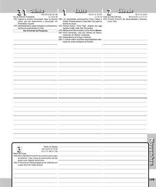 Novembro
Quinta Sexta Sábado
Martín de Porres
1639: Morre São Martinho de Porres, primeiro santo negro
da América. Lutou contra os preconceitos até ser
aceito como religioso dominicano.
1903: A Província do Panamá separa-se da Colômbia com
o apoio dos EUA. Festa nacional.
179
2
2
1
1
31
31
Todos os Santos
Ap 7,2-4.9-14 / Sl 23
1Jo 3,1-3 / Mt 5,1-12a
3
3
Dia da Reforma Protestante
1553: Aparece a primeira comunidade negra na América
Latina, que não experimentou a escravidão, em
Esmeraldas, Equador.
1973:JoséMatíasNanco,pastorevangélico,ecompanheiros,
mártires da solidariedade no Chile.
1950: Os nacionalistas portorriquenhos Oscar Collazo e
Griselio Torresola atacam a Casa Blair como parte do
levante de Jayuya.
1974: Florinda Soriano, “Dona Tingó”, dirigente das Ligas
Agrárias Cristãs, mártir, Rep. Dominicana.
1979:MassacredeTodososSantos,LaPaz,Bolívia.40anos.
1981:Simón Hernández, índio achi, Ministro da Palavra,
camponês, em Rabinal, Guatemala.
1981:Independência de Antígua e Barbuda.
2004: O exército chileno reconhece responsa­
bilidade institu-
cional nos crimes da ditadura de Pinochet.
Dia Universal da Poupança
Todos os Fiéis Defuntos
1979: Primeiro Encontro das Nacionalidades e Minorias,
Cuzco, Peru.
Rm 8,31b-39 / Sl 108
Lc 13,31-35
Rm 9,1-5 / Sl 147
Lc 14,1-6
Sb 3,1-9 / Sl 41
Rm 8,14-23 / Lc 7,11-17
 