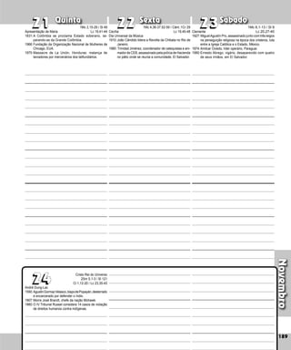 Novembro
Quinta Sexta Sábado
André Dung-Lac
1590:AgustinGormazVelasco,bispodePopayán,desterrado
e encarcerado por defender o índio.
1807:Morre José Brandt, chefe da nação Mohawk.
1980:O IV Tribunal Russel considera 14 casos de violação
de direitos humanos contra indígenas.
189
23
23
24
24
22
22
21
21
Cristo Rei do Universo
2Sm 5,1-3 / Sl 121
Cl 1,12-20 / Lc 23,35-43
Apresentação de Maria
1831:A Colômbia se proclama Estado soberano, se­
parando-se da Grande Colômbia.
1966:Fundação da Organização Nacional de Mulheres de
Chicago, EUA.
1975:Massacre de La Unión, Honduras: matança de
lavradores por mercenários dos latifundiários.
Clemente
1927: MiguelAgustín Pro, assassinado junto com três leigos
na perseguição religiosa na época dos cristeros, luta
entre a Igreja Católica e o Estado, México.
1974:Amilcar Oviedo, líder operário, Paraguai.
1980:Ernesto Abrego, vigário, desaparecido com quatro
de seus irmãos, em El Salvador.
Cecília
Dia Universal da Música
1910:João Cândido lidera a Revolta da Chibata no Rio de
Janeiro.
1980: Trinidad Jiménez, coordenador de catequistas e ani-
madordeCEB,assassinadopelapolíciadeHacienda
no pátio onde se reunia a comunidade, El Salvador.
1Mc 2,15-29 / Sl 49
Lc 19,41-44
1Mc 4,36-37.52-59 / Cânt.:1Cr 29
Lc 19,45-48
1Mc 6,1-13 / Sl 9
Lc 20,27-40
 