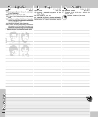 Segunda Terça Quarta
Bibiana
1823:Declaração da Doutrina Monroe: “A América para
os norte-americanos”.
1956:Desembarque do Granma em Cuba.
1972:O Panamá reconhece o direito dos indígenas a suas
terras.
1980:Ita Catherine Ford, Maura Clark, Dorothy Ka­sel e Jean
Donovan,religiosaseleigadeMaryknoll,sequestra­das
e assassinadas, El Salva­
dor.
1990:Lavradores mártires de Atitlán, Guatemala.
2011: O governo espanhol pede a extradição dos militares
que assassinaram Ignacio Ellacuría e companheiros.
Assassinato,terrorismoecrimescontraaHumanidade.
Dezembro
196
Francisco Xavier
1502:Moctezuma é empossado como senhor de Teno-
chtitlán, México.
1987:Victor Raúl Acuña, padre, Peru.
2002: Falece Ivan Illich, filósofo e sociólogo da libertação.
2
2 3
3 4
4
Dia Internacional do Portador de Necessidades Especiais
João Damasceno, Bárbara
1677: A tropa de Fernán Carrillo ataca o Quilombo dos
Palmares, Brasil.
Is 4,2-6 / Sl 121
Mt 8,5-11
Is 11,1-10 / Sl 71
Lc 10,21-24
Is 25,6a-10a / Sl 22
Mt 15,29-37
Dia Internacional Contra a Escravidão (ONU)
Maryknoll
Crescente: 10h58m (UTC) em Peixes
 