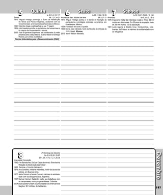 Quinta Sexta Sábado
Imaculada Conceição
1542:Frei Bartolomeu De Las Casas termina a “Brevíssima
Relação da Destruição das Índias”.
1965: Termina o Concílio Vaticano II.
1976:Ana Garófalo, militante metodista, mártir da cau­sa dos
pobres, em Buenos Aires.
1977:Alicia Domont e Leonie Duquet, márti­
res da solidarie-
dade com os desaparecidos, Argentina.
1997:Samuel Harmen Calderón, padre que tra­
balhava com
os camponeses, morto por paramilitares. Colômbia.
2004:Doze países fundam a Comunidade Sul-americana de
Nações: 361 milhões de habitantes.
Dezembro
197
7
7
8
8
6
6
5
5
2º Domingo do Advento
Gn 3,9-15.20 / Sl 97
Ef 1,3-6.11-12 / Lc 1,26-38
Sabas
1810: Miguel Hidalgo promulga o Edito de Restituição
de Terras aos Povos Indígenas, acabando com as
“encomiendas”,arrendamentosefazendasnoMéxico.
1492: Colombo chega a La Española na sua 1ª viagem.
1824:A lei brasileira proíbe os portadores de hanseníase e
os negros de frequentarem a escola.
2000: Dois ex‑generais argentinos são condenados à prisão
perpétua pela Justiça italiana: Suárez Masón e Santiago
Riveros, por crimes na ditadura.
Ambrósio
1975: O governo militar da Indonésia invade o Timor. 60 mil
mortos em dois meses. Em 20 anos de ocupação, mais
de 200 mil mortos, 1/3 da população.
1981:Lucio Aguirre e Elpidio Cruz, hondurenhos, cele­
brantes da Palavra e mártires da solidariedade com
os refugiados.
Nicolàs de Bari; Nicolau de Mira
1810: Miguel Hidalgo publica o II Bando de Abolição da
escravatura e privilégios coloniais na América, em
Guadalajara, México.
1534:Fundação de Quito, Equador.
1969:Morre João Cândido, herói da Revolta de Chibata de
1910, Brasil. 50 anos.
2013: Morre Nelson Mandela.
Dia dos Voluntários para o Desenvolvimento (ONU)
Is 26,1-6 / Sl 117
Mt 7,21.24-27
Is 29,17-24 / Sl 26
Mt 9,27-31
Is 30,19-21.23-26 / Sl 146
Mt 9,35-10,1.6-8
 