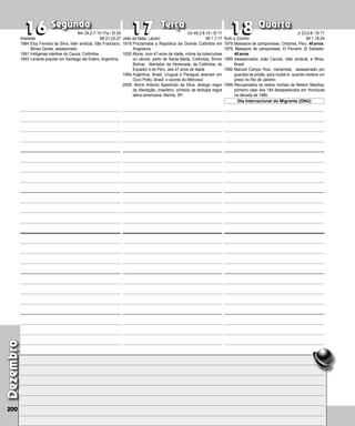 Segunda Terça Quarta
Dezembro
200
João da Mata, Lázaro
1819:Proclamada a República da Grande Colômbia em
Angostura.
1830:Morre, com 47 anos de idade, vítima da tuberculose
ou câncer, perto de Santa Marta, Colômbia, Simon
Bolívar, liber­
tador da Venezuela, da Colômbia, do
Equa­
dor e do Peru, aos 47 anos de idade.
1994:Argentina, Brasil, Uruguai e Paraguai assinam em
Ouro Preto, Brasil, o acordo do Mercosul.
2009: Morre Antonio Aparecido da Silva, teólogo negro
da libertação, brasileiro, símbolo da teologia negra
latino-americana. Marília, SP.
17
16
16 17 18
18
Rufo e Zózimo
1979:Massacre de camponeses, Ondores, Peru. 40 anos.
1979: Massacre de camponeses, El Porvenir, El Salvador.
40 anos.
1985:Assassinados João Canuto, líder sindical, e filhos,
Brasil.
1992:Manuel Campo Ruiz, marianista, assassinado por
guardas da prisão, para rou­
bá-lo, quando visitava um
preso no Rio de Janeiro.
1994:Recuperados os restos mortais de Nelson MacKay,
primeiro caso dos 184 desaparecidos em Honduras
na década de 1980.
Dia Internacional do Migrante (ONU)
Adelaide
1984:Eloy Ferreira da Silva, líder sindical, São Francisco,
Minas Gerais, assassinado.
1991:Indígenas mártires do Cauca, Colômbia.
1993:Levante popular em Santiago del Estero, Argentina.
Nm 24,2-7.15-17a / Sl 24
Mt 21,23-27
Gn 49,2.8-10 / Sl 71
Mt 1,1-17
Jr 23,5-8 / Sl 71
Mt 1,18-24
 