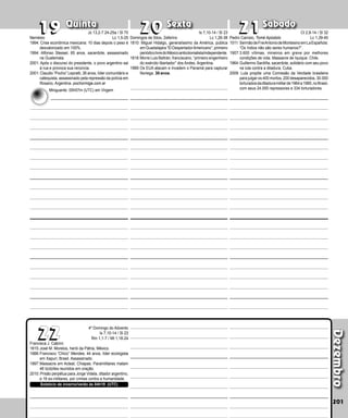 Quinta Sexta Sábado
Francisca J. Cabrini
1815:José M. Morelos, herói da Pátria, México.
1988:Francisco “Chico” Mendes, 44 anos, líder ecologista
em Xapuri, Brasil. Assassinado.
1997:Massacre em Acteal, Chiapas. Paramilitares matam
46 tzotziles reunidos em oração.
2010: Prisão perpétua para Jorge Videla, ditador argentino,
e 16 ex-militares, por crimes contra a humanidade.
Dezembro
201
Pedro Canísio, Tomé Apóstolo
1511: SermãodeFreiAntoniodeMontesinoemLaEspañola:
“Os índios não são seres humanos?”.
1907:3.600 vítimas, mi­
neiros em greve por melhores
condições de vida. Massacre de Iquique. Chile.
1964:Guillermo Sardiña, sacerdote, solidário com seu povo
na luta contra a ditadura, Cuba.
2009: Lula propõe uma Comissão da Verdade brasileira
para julgar os 400 mortos, 200 desaparecidos, 30.000
torturadosdaditaduramilitarde1964a1985,noBrasil,
com seus 24.000 repressores e 334 torturadores.
22
21
21
22
20
20
19
19
4º Domingo do Advento
Is 7,10-14 / Sl 23
Rm 1,1-7 / Mt 1,18-24
Domingos de Silos, Zeferino
1810: Miguel Hidalgo, generalíssimo da América, publica
em Guadalajara “El DespertadorAmericano”, primeiro
periódicolivredoMéxicoanticolonialista/independente.
1818:Morre Luis Beltrán, franciscano, “primeiro engenheiro
do exército libertador” dos Andes, Argentina.
1989:Os EUA atacam e invadem o Panamá para capturar
Noriega. 30 anos.
Nemésio
1994: Crise econômica mexicana: 10 dias depois o peso é
desvalorizado em 100%.
1994: Alfonso Stessel, 65 anos, sacerdote, assassinado
na Guatemala.
2001: Após o discurso do presidente, o povo argen­
tino sai
à rua e provoca sua renúncia.
2001: Claudio “Po­cho” Lepratti, 36 anos, líder comunitário e
cate­quista, assassinado pela repressão da polícia em
Rosario, Argentina. pochormiga.com.ar
Solstício de inverno/verão às 04h19 (UTC)
Jz 13,2-7.24-25a / Sl 70
Lc 1,5-25
Minguante: 05h57m (UTC) em Virgem
Is 7,10-14 / Sl 23
Lc 1,26-38
Ct 2,8-14 / Sl 32
Lc 1,39-45
 