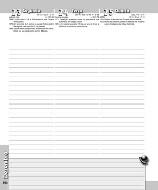 Segunda Terça Quarta
Dezembro
202
Hermínia e Adela
1873: Expedição repressiva contra os guerrilheiros dos
quilombos, em Sergipe, Brasil.
1925: A lei brasileira garante 15 dias ao ano de férias à
indústria, ao comércio e aos bancos.
23
23 24
24 25
25
NATAL
1553:Valdivia é derrotado em Tucapel pelos mapuche.
1652:Alonso de Sandoval, profeta e defensor dos es­­
cra­
vos
negros, Cartagena das Índias, Colômbia.
2Sm 7,1-5.8b-12.14a.16 / Sl 88
Lc 1,67-79
João de Kety
1896:Conflito entre EUA e Grã-Bretanha pela Guiana
Venezuelana.
1972:Um terremoto de 7 pontos na escala Richter destrói
Maná­
gua e mata mais de 20 mil pessoas.
1989:Gabriel Maire, padre francês, assassinado em Vitória,
Brasil, por sua opção pelos pobres. 30 anos.
Ml 3,1-4.23-24 / Sl 24
Lc 1,57-66
Is 52,7-10 / Sl 97
Hb 1,1-6 / Jo 1,1-18
 