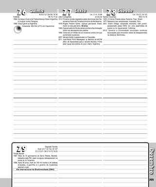Quinta Sexta Sábado
Tomás Becket
1987: Mais de 70 garimpeiros de Serra Pelada, Mara­
bá,
baleados pela PM, caem na água e desaparecem na
ponte do rio Tocantins.
1996: Após 36 anos, mais de 100 mil mortos e 44 aldei­
as
arrasadas, a guerrilha e o governo da Guate­
mala
assinam a paz.
Dezembro
203
28
28
29
29
27
27
Sagrada Família
Eclo 3,3-7.14-17a / Sl 127
Cl 3,12-21 / Mt 2,13-15.19-23
26
26 Santos Inocentes
1925: A Coluna Prestes ataca Teresina, Piauí, Brasil.
1977:Massacre dos camponeses, Huacataz, Peru.
2001: Edwin Ortega, camponês chocoano, líder juvenil,
assassinado pelas FARC em uma assembleia de
jovens no rio Jiquamiandó, Colômbia.
2010: Governo e Universidade concordam continuar
escavações para encontrar restos de desaparecidos
na ditadura, Montivideu.
João Evangelista
1512:Primeira revisão legis­lativa pelas denúncias dos mis-
sionáriosPedrodeCórdobaeAntoniodeMontesinos.
1979:Ângelo Pereira Xavier, cacique pancararé, Brasil,
morto na luta pela terra. 40 anos.
1985:OgovernadordoRiodeJaneiroproíbeadiscriminação
racial nos elevadores dos prédios.
1996: Greve de um milhão de sul-coreanos contra a lei que
aumentaria a pobreza.
2007: Benazir Butto é assassinada no Paquistão.
2011: José Maria ‘Pichi’ Meisegeier, sj. Membro do MSTM
(Mov. de Sacerdotes para o terceiro Mundo). Firme
pela Causa dos pobres do povo villero, Argentina.
Estêvão
1864:ComeçaaGuerradaTripliceAliança:Brasil,Argentina
e Uruguai contra Paraguai.
1996: Greve geral na Argentina.
Dia Internacional da Biodiversidade (ONU)
Crescente: 06h13m (UTC) em Capricórnio
At 6,8-10;7,54-59 / Sl 30
Mt 10,17-22
1Jo 1,1-4 / Sl 96
Jo 20,2-8
1Jo 1,5-2,2 / Sl 123
Mt 2,13-18
 