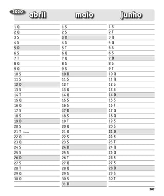 207
junho
maio
abril
Páscoa
1 Q
2 Q
3 S
4 S
5 D
6 S
7 T
8 Q
9 Q
10 S
11 S
12 D
13 S
14 T
15 Q
16 Q
17 S
18 S
19 D
20 S
21 T
22 Q
23 Q
24 S
25 S
26 D
27 S
28 T
29 Q
30 Q
1 S
2 S
3 D
4 S
5 T
6 Q
7 Q
8 S
9 S
10 D
11 S
12 T
13 Q
14 Q
15 S
16 S
17 D
18 S
19 T
20 Q
21 Q
22 S
23 S
24 D
25 S
26 T
27 Q
28 Q
29 S
30 S
31 D
1 S
2 T
3 Q
4 Q
5 S
6 S
7 D
8 S
9 T
10 Q
11 Q
12 S
13 S
14 D
15 S
16 T
17 Q
18 Q
19 S
20 S
21 D
22 S
23 T
24 Q
25 Q
26 S
27 S
28 D
29 S
30 T
2020
 
