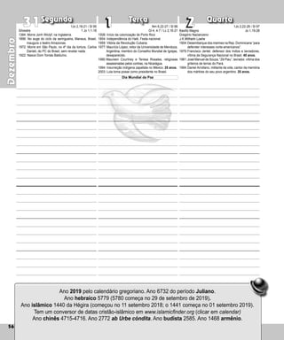 56
Segunda Terça Quarta
56
Ano 2019 pelo calendário gregoriano. Ano 6732 do período Juliano.
Ano hebraico 5779 (5780 começa no 29 de setembro de 2019).
Ano islâmico 1440 da Hégira (começou no 11 setembro 2018; o 1441 começa no 01 setembro 2019).
Tem um conversor de datas cristão-islâmico em www.islamicfinder.org (clicar em calendar)
Ano chinês 4715-4716. Ano 2772 ab Urbe cóndita. Ano budista 2585. Ano 1468 armênio.
2
1
31 1 2
1508: Início da colonização de Porto Rico
1804: Independência do Haiti. Festa nacional.
1959: Vitória da Revolução Cubana.
1977: Maurício López, reitor da Universidade de Men­
doza,
Argentina, membro do Conselho Mundial de Igrejas,
desaparecido.
1990:Maureen Courtney e Teresa Rosales, religiosas
assassinadas pelos contras, na Nicará­
gua.
1994: Insurreição indígena zapatista no México. 25 anos.
2003: Lula toma posse como presidente no Brasil.
1Jo 2,18-21 / Sl 95
1 Jo 1,1-18
Dia Mundial da Paz
1Jo 2,22-28 / Sl 97
Jo 1,19-28
Basílio Magno
Gregório Nazianzeno
J.K.Wilhelm Loehe
1904:Desembarque dos marines na Rep. Do­minicana “para
defender interesses norte-americanos”.
1979:Francisco Jentel, defensor dos índios e lavrado­
res,
vítima da Segurança Nacional no Brasil. 40 anos.
1981:José Manuel de Souza, “Zé Piau”, lavrador, ví­tima dos
grileiros de terras do Pará.
1994:Daniel Arrollano, militante da vida, cantor da memória
dos mártires do seu povo argentino. 25 anos.
Dezembro
Silvestre
1384: Morre Jonh Wiclyf, na Inglaterra.
1896: No auge do ciclo da seringueira, Manaus, Brasil,
inaugura o teatro Amazonas.
1972: Morre em São Paulo, no 4º dia da tortura, Carlos
Danieli, do PC do Brasil, sem revelar nada.
1922: Nasce Dom Tomás Balduíno.
Nm 6,22-27 / Sl 66
Gl 4, 4-7 / Lc 2,16-21
 