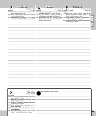 57
Quinta Sexta Sábado
57
Janeiro
5
4
3
3 4 5
Rigoberto
1975:JoséPatrícioLeón,“Pato”,animadordaJECemilitante
político, desaparecido no Chile.
2005:ACorte Suprema autoriza o processo de Pinochet por
crimes da “Operação Condor”.
2010: Emirados Árabes inaugura o Burj Dubai, o edifício
maisaltodomundo,818m,370maisqueo Taipei101.
Telésforo e Emiliana
Kaj Munk
1534:Guarocuya, “Enriquillo”, cacique cristão de La
Española (República Dominicana), primeiro a se
rebelar em defesa de seus irmãos.
1785: A Rainha Maria I proíbe toda indústria brasileira,
exceto a de roupas para os escravos.
2007:MorreAxelMencos,heroidaresistênciaedapastoral
comprometida, Guatemala.
Reis magos
1848:Os guaranis são declarados cidadãos paraguaios por
decreto de Carlos A. López.
1915:ReformaagrárianoMéxico,frutodarevolução,primeira
divisão de latifúndios na AL.
1927: Tropas dos EUA ocupam a Nicarágua para combater
Sandino. Só sairão em 1933.
1982: Vitória de Roca, religiosa guatemalteca, mártir dos
pobres, desaparecida.
1986:Julio González, bispo de Puno, Peru, morto em um
acidente suspeito.S
1992:Augusto María e Augusto Conte, mártires da solida-
riedade e dos Direitos Humanos na Argentina.
1Jo 3,7-10 / Sl 97
Jo 1,35-42
1Jo 2,29-3,6 / Sl 97
Jo 1,29-34 Genoveva
1511: O“gritodeCoayuco”,agrandeinsurreiçãodostaínos,
liderados por Agüeybaná, o Bravo, Porto Rico.
1981:Diego Quic, indígena, catequista, líder das or­
ga­
nizações populares, desapa­
recido, Guatemala.
1994:Antulio Parrilla Bonilla, bispo, lutador pela inde­
pen­
dência e pela causa dos perseguidos, “Las Casas do
século XX”, em Porto Rico.
6
6 Epifania do Senhor
Is 60,1-6 / Sl 71
Ef 3,2-6 / Mt 2,1-12
1Jo 3,11-21 / Sl 99
Jo 1,43-51
Nova: 02h28m (UTC) em Capricórnio
 