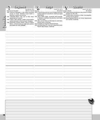 58
Segunda Terça Quarta
58
Janeiro
Severino
1454:OPapaNicolauautorizaoreidePortugalaescravizar
qualquernaçãodomundoafricano,desdequeaIgreja
possa batizar.
1642: Morre Galileu Galilei, condenado pela Inqui­
sição.
O Vaticano o reabilitará três séculos e meio depois
(dia 30/12/1992).
1850:João, um dos líderes da Revolução de Queimados,
Espírito Santo, é enforcado.
1912:Fundação do Congresso Nacional Africano.
1982:Domingo Cahuec Sic, índio achi, catequista lavrador,
Rabinal, Baja Verapaz, Guatemala.
8
8
7
7 9
9 1Jo 4,11-18 / Sl 71
Mc 6,45-52
Eulógio e Basília
1662:LisboaordenaaextinçãodosíndiosJanduimnoBrasil
(Estados CE, RN e PB).
1858: Primeira greve conhecida no Brasil, dos tipógrafos,
pioneiros da luta operária.
1959:Nasce Rigoberta Menchú, em Chimel, Departamento
de El Quiché, Guatemala.
Raimundo de Penyafort
1835: Vitória da Cabanagem, o mais notável movimento
popular do Brasil. Rebeldes tomam Belém e
assumem o governo da província.
1981: Sebastião Mearin, líder rural no Pará, Brasil,
assassinado por “grileiros”.
1983: Felipe e Mary Barreda, cristãos revolucionários,
assassinados pela contrarrevolução, Nicarágua.
1999: Bartolomeu Carrasco Briseño, bispo de Oaxaca,
México, conhecido pela sua opção pelos pobres e
pela defesa dos índios. 20 anos.
1Jo 3,22-4-6 / Sl 2
Mt 4,12-17.23-25
1Jo 4,7-10 / Sl 71
Mc 6,34-44
 