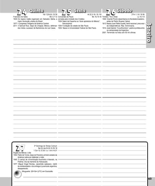 63
Quinta Sexta Sábado
Ângela de Mérice, Lídia
1554:Pablo de Torres, bispo do Panamá, primeiro exilado da
América Latina por defender o índio.
1945: O campo de concentração Auschwitz é liberado, na
Polônia. Dia da memória do Holocausto.
1977: Miguel Angel Nicolau, sacerdote salesiano, mártir
da solidariedade e da entrega à juventude argentina,
desaparecido.
63
Janeiro
27
27
26
26
24
24 25
25
3º Domingo do Tempo Comum
Ne 8,2-4a.5-6.8-10 /Sl 18
1 Cor 12,12-30 / Lc 1,4-4;14-21
Conversão de Paulo
Jornada pela Unidade dos Cristãos
1524:Saem da Espanha os “doze apóstolos do México”,
franciscanos.
1554:Fundação da cidade de São Paulo.
1934: Nasce a Universidade Federal de São Paulo.
Timóteo, Tito e Silas
1500: Vicente Pinzón desembarca no Nordeste brasi­leiro,
antes de Pedro Álvares Cabral.
1813:Nasce Juan Pablo Duarte, herói nacional, pre­cursor
da independência, Rep. Domini­
cana,
1914:JoséGabriel,“CuraBrochero”,padreeprofetaentre
os camponeses da Argentina.
2001: Terremoto na Índia com 50 mil vítimas.
Francisco de Sales
1835:Os negros malês organizam em Salvador, Ba­
hia, a
maior revolução urbana do Brasil.
1977:I Congresso Indígena da América Central.
2011: † Samuel Ruiz, bispo de Chiapas, México, defensor
dos índios, sucessor de Bartolomeu de Las Casas.
Hb 7,25-8,6 / Sl 39
Mc 3,7-12
At 22,3-16 / Sl 116
Mc 16,15-18
2Tm 1,1-8 / Sl 95
Lc 10,1-9
Minguante: 22h10m (UTC) em Escorpião
 