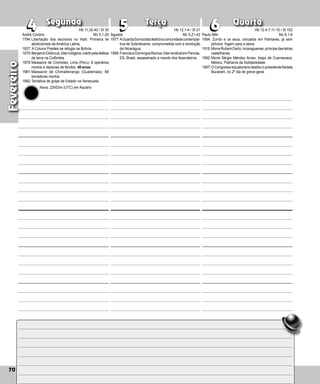 70
Segunda Terça Quarta
70
Águeda
1977:AGuardaSomozistadestróiacomunidadecontempla-
tiva de Solentiname, comprometida com a revolução
da Nicarágua.
1988:FranciscoDomingosRamos,lídersindicalemPancas,
ES, Brasil, assassinado a mando dos fazendeiros.
6
6
5
5
4
4 Paulo Miki
1694: Zumbi e os seus, cercados em Palmares, já sem
pólvora, fogem para a selva.
1916:MorreRubemDarío,nicaraguense,príncipedasletras
castelhanas.
1992:Morre Sérgio Méndez Arceo, bispo de Cuer­
navaca,
México, Patriarca da Solidariedade.
1997:O Congresso equatoriano destitui o presidenteAbdala
Bucaram, no 2º dia de greve geral.
Fevereiro
André Corsino
1794:Libertação dos escravos no Haiti. Primeira lei
abolicionista da América Latina.
1927: A Coluna Prestes se refugia na Bolívia.
1979:BenjaminDidincué,líderindígena,mártirpeladefesa
da terra na Colômbia.
1979:Massacre de Cromotex, Lima (Peru): 6 operários
mortos e dezenas de feridos. 40 anos.
1981:Massacre de Chimaltenango (Guate­
mala): 68
lavra­dores mortos.
1992:Tentativa de golpe de Estado na Venezuela.
Hb 11,32-40 / Sl 30
Mc 5,1-20
Nova: 22h03m (UTC) em Aquário
Hb 12,1-4 / Sl 21
Mc 5,21-43
Hb 12.4-7.11-15 / Sl 102
Mc 6,1-6
 