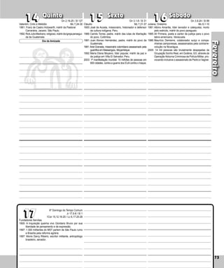 73
Quinta Sexta Sábado
Fundadores Servitas
1600: A Inquisição queima vivo Giordano Bruno por sua
liberdade de pensamento e de expressão.
1997: 1.300 militantes do MST partem de São Paulo rumo
a Brasília pela reforma agrária.
1997: Morre Darcy Ribeiro, escritor militante, antropólogo
brasileiro, senador.
73
Fevereiro
16
16
17
17
14
14 15
15
Cláudio
1600:José de Acosta, missionário, historiador e defensor
da cultura indígena, Peru.
1966:Camilo Torres, padre, mártir das lutas de libertação
do povo, Colômbia.
1981:Juan Alonso Hernández, padre, mártir do povo da
Guatemala.
1991: Ariel Granada, missionário colombiano assas­
sinado pela
guerrilha em Massangulu, Moçambique.
1992:María Elena Moyano, líder popular, mártir da paz e
da justiça em Villa El Salvador, Peru.
2003: 1ª manifestação mundial: 15 mi­
lhõ­
es de pessoas em
600 cidades, contra a guerra dos EUA contra o Iraque.
Juliana, Onésimo
1981:Albino Amarilla, líder lavrador e catequista, mor­
to
pelo exército, mártir do povo paraguaio.
1985:Alí Primera, poeta e cantor da justiça para o povo
latino-americano, Venezuela.
1986:Maurício Demierre, colaborador suíço e com­
pa­
nheiras camponesas, assassinados pela contrarre-
volução na Nicarágua.
2005: 14 mil pessoas são brutalmente despejadas da
Ocupação Sonho Real, em Goiânia, GO, através da
Operação Noturna Criminosa da Polícia Militar, pro­
vo­cando inclusive o assassinato de Pedro e Vagner.
Valentim, Cirilo e Metódio
1981: Franz de Castro Holzwarth, mártir da Pastoral
Carcerária, Jacareí, São Paulo.
1992:RickJulioMedrano,religioso,mártirdaIgrejapersegui­
da da Guatemala.
Dia da Amizade
Gn 3,9-24 / Sl 89
Mc 8,1-10
Gn 2,18-25 / Sl 127
Mc 7,24-30
Gn 3,1-8 / Sl 31
Mc 7,31-37
6º Domingo do Tempo Comum
Jr 17,5-8 / Sl 1
1Cor 15,12.16-20 / Lc 6,17.20-26
 