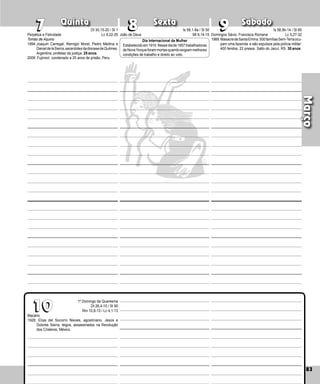 83
Quinta Sexta Sábado
Macário
1928: Elías del Socorro Nieves, agostiniano, Jesús e
Dolores Sierra, leigos, assassinados na Revolução
dos Cristeros, México.
83
Março
9
9
10
10
8
8
7
7
Perpétua e Felicidade
Tomás de Aquino
1994:Joaquin Carregal, Remígio Morel, Pedro Medi­
na e
DanieldelaSierra,sacerdotesdadiocesedeQuilmes,
Argentina, profetas da justiça. 25 anos.
2009: Fujimori, condenado a 25 anos de prisão, Peru.
Domingos Sávio, Francisca Romana
1989:MasacredeSantaElmira.500famíliasSem-Terraocu-
pam uma fazenda e são expulsos pela polícia militar:
400 feridos, 22 presos. Salto do Jacuí, RS. 30 anos.
Dia Internacional da Mulher
Estabelecidoem1910.Nessediade1857trabalhadoras
de NovaYorque foram mortas quando exigiam melhores
condições de trabalho e direito ao voto.
João de Deus
1º Domingo da Quaresma
Dt 26,4-10 / Sl 90
Rm 10,8-13 / Lc 4,1-13
Dt 30,15-20 / Sl 1
Lc 9,22-25
Is 58,1-9a / Sl 50
Mt 9,14-15
Is 58,9b-14 / Sl 85
Lc 5,27-32
 