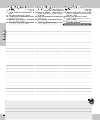 86
Segunda Terça Quarta
86
Março
S. José
1849:Revolução de Queimados, ES, Brasil. Mais de 200
negros se organizaram para proclamar a libertação
dos escravos.
1915:Levante de Qhishwas e Aymaras, encabeçados por
Rumi Maka, Peru.
1980:Primeiro Encontro de Pastoral Afro-americana,
Boaventura, Colômbia.
1991: Felisa Urrutia, carmelita assassinada em Cauga,
Venezuela. Mártir do serviço aos pobres.
19
18
18 19 20
20
Serapião
1838:O governo de Sergipe proíbe os “africanos”, escravos
ou livres, e os portadores de doenças contagiosas, de
frequentarem a escola.
1982: Golpe de Estado de Rios Montt, Guatemala.
1995:Menche Ruiz, catequista, profeta e poeta po­pular nas
CEBs de El Salvador.
2003: EUAcomeça a invasão do Iraque, à margem da ONU,
contra o direito internacional.
Equinócio da primavera/outono às 21h58 UTC
Cirilo de Jerusalém
1871: Comuna de París, primeira revolução operária da
história.
1907: Desembarque de marinheiros em Honduras.
1938:O presidente mexicano Lázaro Cárdenas de­
creta a
nacionalização do petróleo.
1981:Presentación Ponce, catequista, e com­
panhei­
ros,
mártires na revolução nicaraguense.
1989:NeftalíLiceta,sacerdote,e AmparoEscobedo,religiosa,
e companheiros, mártires peruanos. 30 anos.
Dn 9, 4b-10 / Sl 78
Lc 6,36-38
2Sm 7,4-5a.12-14a.16 / Sl 88
Rm 4,13.16-18.22 / Mt 1,16.18-21.24a
Jr 18,18-20 / Sl 30
Mt 20,17-28
 