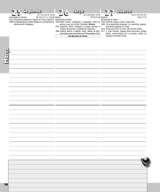 88
Segunda Terça Quarta
88
Março
Bráulio
Dia Mundial do Teatro
1989:María Gómez, professora e catequista, mártir do
serviço a seu povo Simiti, Colômbia. 30 anos.
1991:Argentina, Brasil, Paraguai e Uruguai assinam o
Tratado 
de Asunción, constituindo o Mercosul.
1998: Onalício Barros e Valentim Serra, líderes do MST,
executados pelos fazendeiros em Para­
uapebas, Pará.
25 27
25 26
26 27
Ruperto
Dia Mundial do Teatro
1502:Colombo chega a Cariari, Costa Rica.
1984: Os txukahamãe bloqueiam um caminhão exigindo
suas terras sagradas no Xingu.
2010: Terremoto de 8’8 no Chile, mais de 500 mortos.
2011: † José Comblin, teólogo latino-americano, profeta
radical, comprometido com os pobres, criador da
Teologia da Enxada, Brasil.
Dia Mundial do Clima
Anunciação do Senhor
1914:Os pastores anglicanos chegam ao Chaco ar­
gentino.
1986:DonatoMendoza,ministrodapalavra,ecom­panheiros,
mártires da fé, Nicarágua.
Is 7,10-14;8,10 / Sl 39
Hb 10,4-10 / Lc 1,26-38
Dn 3,25.34-43 / Sl 24
Mt 18,21-35
Dn 4,1.5-9 / Sl 147
Mt 5,17-19
 