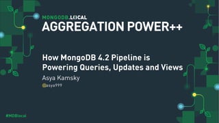 @
#MDBlocal
How MongoDB 4.2 Pipeline is
Powering Queries, Updates and Views
Asya Kamsky
asya999
AGGREGATION POWER++
 