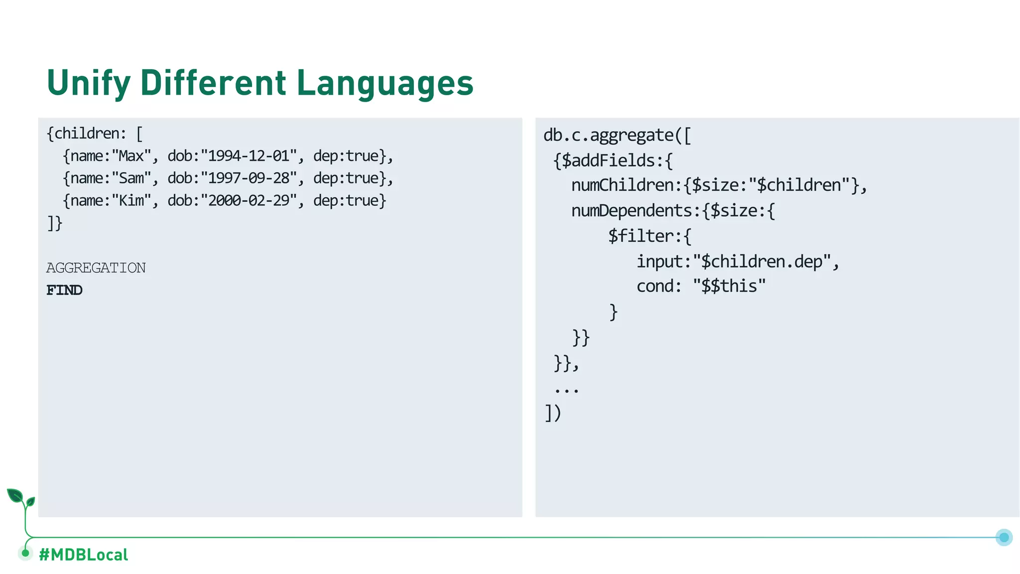 #MDBLocal Unify Different Languages {children: [ {name:"Max", dob:"1994-12-01", dep:true}, {name:"Sam", dob:"1997-09-28", dep:true}, {name:"Kim", dob:"2000-02-29", dep:true} ]} AGGREGATION FIND db.c.aggregate([ {$addFields:{ numChildren:{$size:"$children"}, numDependents:{$size:{ $filter:{ input:"$children.dep", cond: "$$this" } }} }}, ... ]) 