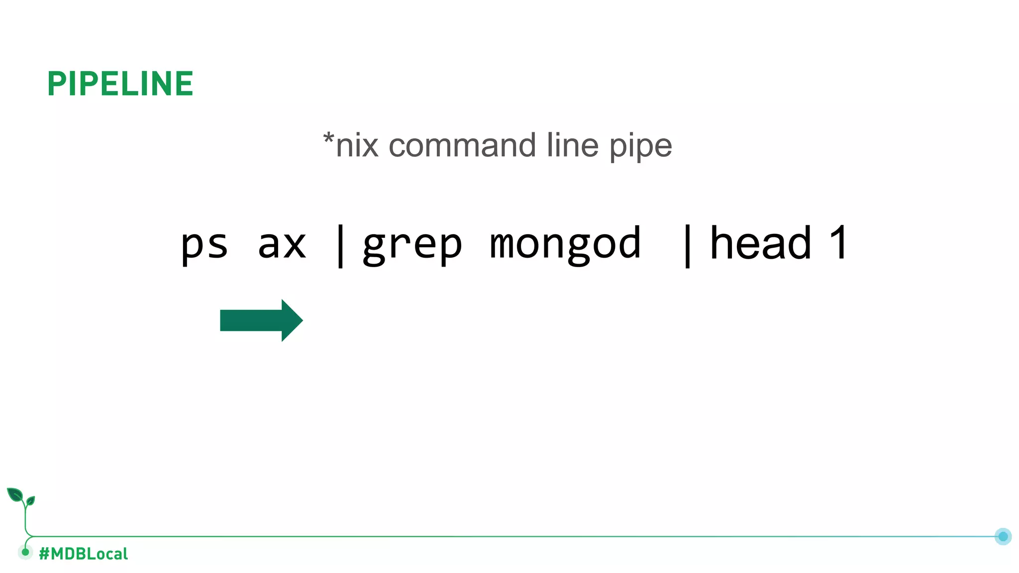 #MDBLocal ps ax | grep mongod | head 1 *nix command line pipe PIPELINE 