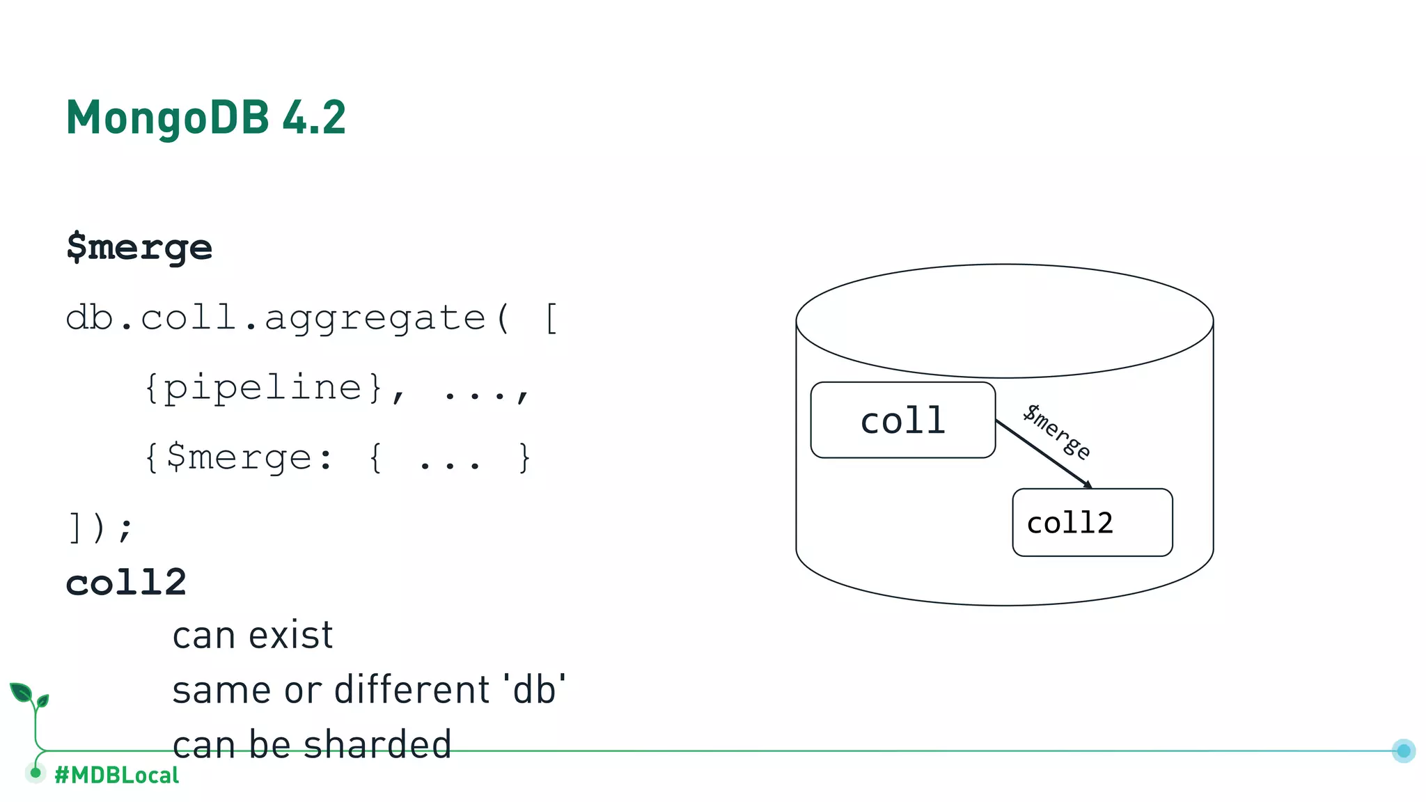 #MDBLocal MongoDB 4.2 $merge db.coll.aggregate( [ {pipeline}, ..., {$merge: { ... } ]); coll2 can exist same or different 'db' can be sharded coll coll2 $merge 