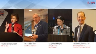 HARUNO YOSHIDA PETER ESTLIN TAKAKO MASAI TED ROOSEVELT IV
W20 Co Chair Lord Mayor of London Managing Director in
Investment Banking at Barclays
Policy Board at
Bank of Japan
 