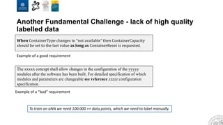 Another Fundamental Challenge - lack of high quality
labelled data
When ContainerType changes to “not available” then ContainerCapacity
should be set to the last value as long as ContainerReset is requested.
The xxxxx concept shall allow changes in the configuration of the yyyyy
modules after the software has been built. For detailed specification of which
modules and parameters are changeable see reference zzzzz configuration
specification.
Example of a good requirement
Example of a “bad” requirement
To train an aNN we need 100.000 ++ data points, which we need to label manually.
 