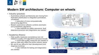 Modern SW architecture: Computer on wheels
18
• Industry (practice)
– Automotive sofware architectures are moving from
federated (distributed) to integrated (centralized,
virtualized)
-> execution of more computationally
demanding algorithms
– Modern automotive software combine stochastic
and probabilistic algorithms
-> new methods for safety assurance, fault
detection/correction and diagnostics are needed
• Academia (theory)
– Data quality measures (consistency) are not
related to quality of AI algorithms (precision/recall)
-> novel data quality measures are needed to
well our data sets reflect the entire solution space
– ML and AI are difficult to test (development) and
diagnose (runtime)
-> new methods for testing and diagnostics
are needed
 