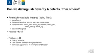 Can we distinguish Severity A defects from others?
• Potentially valuable features (using filter):
• phaseFound
• Keywords headline: branch, test case, underscore
• Kyewords desc: descr_info, descr_requirement, descr_test,
descr_debug, descr_log…
• DaysUntilAssigned
• Records = 6342
• Features = 49
• Directly available
• Time periods between changes of states
• Keywords appearance in description and header
 