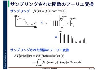 2019年度秋学期　画像情報処理
A.Asano,KansaiUniv.
/ 10
サンプリングされた関数のフーリエ変換
3
サンプリング fT (x) = f(x)combT (x)
輝度f(x)
位置x
fT(x)
x
x
......
T
δ(x)
...
δ(x–T)
δ(x–nT)
×
＝
FT[fT (x)](ν) = FT[f(x)combT (x)](ν)
=
∞
−∞
f(x)combT (x) exp(−i2πνx)dx
サンプリングされた関数のフーリエ変換
 