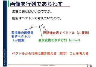 2019年度秋学期　画像情報処理
A.Asano,KansaiUniv.
/ 26
画像を行列であらわす
8
素直に表せばいいのですが。
前回はベクトルで考えていたので，
ベクトルから行列に書き換える（戻す）ことを考える
z = P′
x
原画像を表すベクトル（m2要素）
直交変換を表す行列（m2×m2）
変換後の画像を
表すベクトル
（m2要素）
 