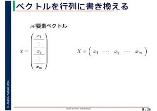 2019年度秋学期　画像情報処理
A.Asano,KansaiUniv.
/ 26
ベクトルを行列に書き換える
9
x =
⎛
⎜
⎜
⎜
⎜
⎜
⎜
⎜
⎝
x1
...
xj
...
xm
⎞
⎟
⎟
⎟
⎟
⎟
⎟
⎟
⎠
X = x1 · · · xj · · · xm
m2要素ベクトル
 