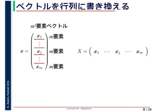2019年度秋学期　画像情報処理
A.Asano,KansaiUniv.
/ 26
ベクトルを行列に書き換える
9
x =
⎛
⎜
⎜
⎜
⎜
⎜
⎜
⎜
⎝
x1
...
xj
...
xm
⎞
⎟
⎟
⎟
⎟
⎟
⎟
⎟
⎠
X = x1 · · · xj · · · xm
m2要素ベクトル
m要素
m要素
m要素
 