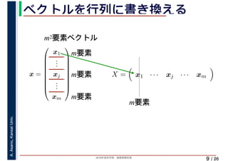 2019年度秋学期　画像情報処理
A.Asano,KansaiUniv.
/ 26
ベクトルを行列に書き換える
9
x =
⎛
⎜
⎜
⎜
⎜
⎜
⎜
⎜
⎝
x1
...
xj
...
xm
⎞
⎟
⎟
⎟
⎟
⎟
⎟
⎟
⎠
X = x1 · · · xj · · · xm
m2要素ベクトル
m要素
m要素
m要素
m要素
 
