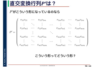2019年度秋学期　画像情報処理
A.Asano,KansaiUniv.
/ 26
直交変換行列P′は？
10
P′がこういう形になっているのなら
P′
=
⎛
⎜
⎜
⎜
⎜
⎜
⎜
⎜
⎜
⎜
⎜
⎜
⎝
r11c11 · · · r11c1m r1mc11 · · · r1mc1m
...
...
... · · ·
...
...
...
r11cm1 · · · r11cmm r1mcm1 · · · r1mcmm
...
...
...
rm1c11 · · · rm1c1m rmmc11 · · · rmmc1m
...
...
... · · ·
...
...
...
rm1cm1 · · · rm1cmm rmmcm1 · · · rmmcmm
⎞
⎟
⎟
⎟
⎟
⎟
⎟
⎟
⎟
⎟
⎟
⎟
⎠
こういう形ってどういう形？
 