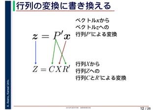 2019年度秋学期　画像情報処理
A.Asano,KansaiUniv.
/ 26
行列の変換に書き換える
12
ベクトルxから
ベクトルzへの
行列P′による変換
z = P′
x
Z = CXR′ 行列Xから
行列Zへの
行列CとR′による変換
 