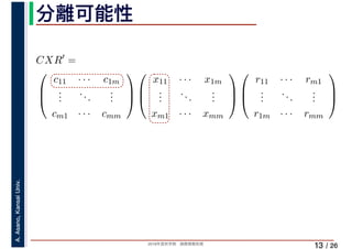2019年度秋学期　画像情報処理
A.Asano,KansaiUniv.
/ 26
分離可能性
13
CXR′
=
⎛
⎜
⎝
c11 · · · c1m
...
...
...
cm1 · · · cmm
⎞
⎟
⎠
⎛
⎜
⎝
x11 · · · x1m
...
...
...
xm1 · · · xmm
⎞
⎟
⎠
⎛
⎜
⎝
r11 · · · rm1
...
...
...
r1m · · · rmm
⎞
⎟
⎠
 
