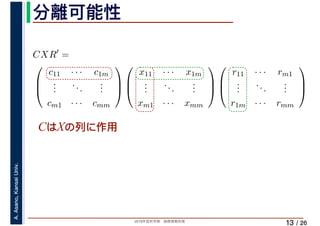2019年度秋学期　画像情報処理
A.Asano,KansaiUniv.
/ 26
分離可能性
13
CはXの列に作用
CXR′
=
⎛
⎜
⎝
c11 · · · c1m
...
...
...
cm1 · · · cmm
⎞
⎟
⎠
⎛
⎜
⎝
x11 · · · x1m
...
...
...
xm1 · · · xmm
⎞
⎟
⎠
⎛
⎜
⎝
r11 · · · rm1
...
...
...
r1m · · · rmm
⎞
⎟
⎠
 
