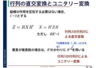 2019年度秋学期　画像情報処理
A.Asano,KansaiUniv.
/ 26
行列の直交変換とユニタリー変換
14
縦横の作用を区別する必要はない場合，
C=Rとする
Z = RXR′
X = R′
ZR
ただし　RR′=I
行列Xの行列Rに
よる直交変換
要素が複素数の場合は，R′のかわりに R′*を用いる
行列Xの行列Rによる
ユニタリー変換
*は複素共役（ i を(–i)にかえ
る）
 