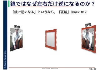 2019年度秋学期　画像情報処理
A.Asano,KansaiUniv.
/ 26
鏡ではなぜ左右だけ逆になるのか？
18
実像 鏡像
「鏡で逆になる」というなら，「正解」はなにか？
 