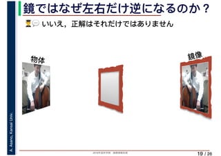 2019年度秋学期　画像情報処理
A.Asano,KansaiUniv.
/ 26
鏡ではなぜ左右だけ逆になるのか？
19
(💬💬 いいえ，正解はそれだけではありません
鏡像物体
 