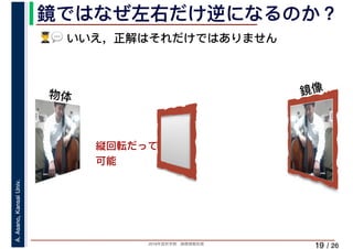 2019年度秋学期　画像情報処理
A.Asano,KansaiUniv.
/ 26
鏡ではなぜ左右だけ逆になるのか？
19
(💬💬 いいえ，正解はそれだけではありません
鏡像
縦回転だって
可能
物体
 