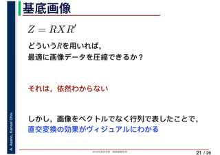 2019年度秋学期　画像情報処理
A.Asano,KansaiUniv.
/ 26
基底画像
21
Z = RXR′
どういうRを用いれば，
最適に画像データを圧縮できるか？
それは，依然わからない
しかし，画像をベクトルでなく行列で表したことで，
直交変換の効果がヴィジュアルにわかる
 