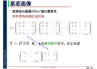 2019年度秋学期　画像情報処理
A.Asano,KansaiUniv.
/ 26
基底画像
22
変換後の画像Zのm2個の要素を，
それぞれ行列に分ける
を，上の各行列で行う。たとえば
Z =
⎛
⎜
⎜
⎜
⎜
⎝
z11 0 · · · 0
0 0 · · · 0
...
...
...
...
0 0 · · · 0
⎞
⎟
⎟
⎟
⎟
⎠
+
⎛
⎜
⎜
⎜
⎜
⎝
0 z12 · · · 0
0 0 · · · 0
...
...
...
...
0 0 · · · 0
⎞
⎟
⎟
⎟
⎟
⎠
+ · · · +
⎛
⎜
⎜
⎜
⎜
⎝
0 0 · · · 0
0 0 · · · 0
...
...
...
...
0 0 · · · zmm
⎞
⎟
⎟
⎟
⎟
⎠
X = R′
ZR
⎛
⎜
⎝
r11 · · · rm1
...
...
...
r1m · · · rmm
⎞
⎟
⎠
⎛
⎜
⎜
⎜
⎜
⎝
z11 0 · · · 0
0 0 · · · 0
...
...
...
...
0 0 · · · 0
⎞
⎟
⎟
⎟
⎟
⎠
 