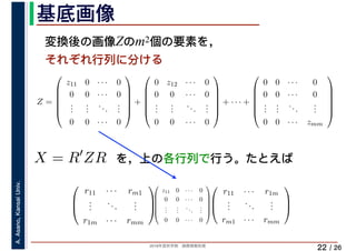 2019年度秋学期　画像情報処理
A.Asano,KansaiUniv.
/ 26
基底画像
22
変換後の画像Zのm2個の要素を，
それぞれ行列に分ける
を，上の各行列で行う。たとえば
Z =
⎛
⎜
⎜
⎜
⎜
⎝
z11 0 · · · 0
0 0 · · · 0
...
...
...
...
0 0 · · · 0
⎞
⎟
⎟
⎟
⎟
⎠
+
⎛
⎜
⎜
⎜
⎜
⎝
0 z12 · · · 0
0 0 · · · 0
...
...
...
...
0 0 · · · 0
⎞
⎟
⎟
⎟
⎟
⎠
+ · · · +
⎛
⎜
⎜
⎜
⎜
⎝
0 0 · · · 0
0 0 · · · 0
...
...
...
...
0 0 · · · zmm
⎞
⎟
⎟
⎟
⎟
⎠
X = R′
ZR
⎛
⎜
⎝
r11 · · · rm1
...
...
...
r1m · · · rmm
⎞
⎟
⎠
⎛
⎜
⎜
⎜
⎜
⎝
z11 0 · · · 0
0 0 · · · 0
...
...
...
...
0 0 · · · 0
⎞
⎟
⎟
⎟
⎟
⎠
⎛
⎜
⎝
r11 · · · r1m
...
...
...
rm1 · · · rmm
⎞
⎟
⎠
　 　
 
