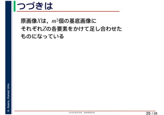2019年度秋学期　画像情報処理
A.Asano,KansaiUniv.
/ 26
つづきは
25
原画像Xは，m2個の基底画像に
それぞれZの各要素をかけて足し合わせた
ものになっている
 