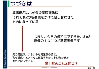 2019年度秋学期　画像情報処理
A.Asano,KansaiUniv.
/ 26
つづきは
25
原画像Xは，m2個の基底画像に
それぞれZの各要素をかけて足し合わせた
ものになっている
元の関数は，いろいろな周波数の波に，
各々対応するフーリエ係数をかけて足し合わせた
ものになっている…
つまり，今日の最初にでてきた，8×8
画像の１つ１つが基底画像です
第１部のこれと同じ？
 