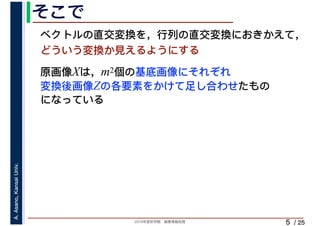 2019年度秋学期　画像情報処理
A.Asano,KansaiUniv.
/ 25
そこで
5
原画像Xは，m2個の基底画像にそれぞれ
変換後画像Zの各要素をかけて足し合わせたもの
になっている
ベクトルの直交変換を，行列の直交変換におきかえて，
どういう変換か見えるようにする
 