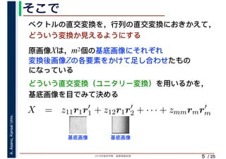 2019年度秋学期　画像情報処理
A.Asano,KansaiUniv.
/ 25
そこで
5
原画像Xは，m2個の基底画像にそれぞれ
変換後画像Zの各要素をかけて足し合わせたもの
になっている
ベクトルの直交変換を，行列の直交変換におきかえて，
どういう変換か見えるようにする
⎝ ⎠ ⎝ ⎠
X = z11r1r′
1 + z12r1r′
2 + · · · + zmmrmr′
m
m m
基底画像 基底画像
どういう直交変換（ユニタリー変換）を用いるかを，
基底画像を目でみて決める
 