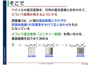 2019年度秋学期　画像情報処理
A.Asano,KansaiUniv.
/ 25
そこで
5
原画像Xは，m2個の基底画像にそれぞれ
変換後画像Zの各要素をかけて足し合わせたもの
になっている
ベクトルの直交変換を，行列の直交変換におきかえて，
どういう変換か見えるようにする
⎝ ⎠ ⎝ ⎠
X = z11r1r′
1 + z12r1r′
2 + · · · + zmmrmr′
m
m m
基底画像 基底画像 基底画像
どういう直交変換（ユニタリー変換）を用いるかを，
基底画像を目でみて決める
 