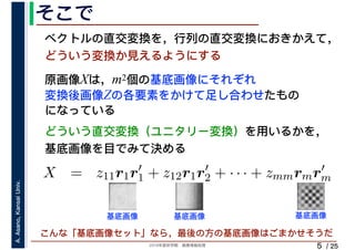 2019年度秋学期　画像情報処理
A.Asano,KansaiUniv.
/ 25
そこで
5
原画像Xは，m2個の基底画像にそれぞれ
変換後画像Zの各要素をかけて足し合わせたもの
になっている
ベクトルの直交変換を，行列の直交変換におきかえて，
どういう変換か見えるようにする
⎝ ⎠ ⎝ ⎠
X = z11r1r′
1 + z12r1r′
2 + · · · + zmmrmr′
m
m m
基底画像 基底画像 基底画像
こんな「基底画像セット」なら，最後の方の基底画像はごまかせそうだ
どういう直交変換（ユニタリー変換）を用いるかを，
基底画像を目でみて決める
 